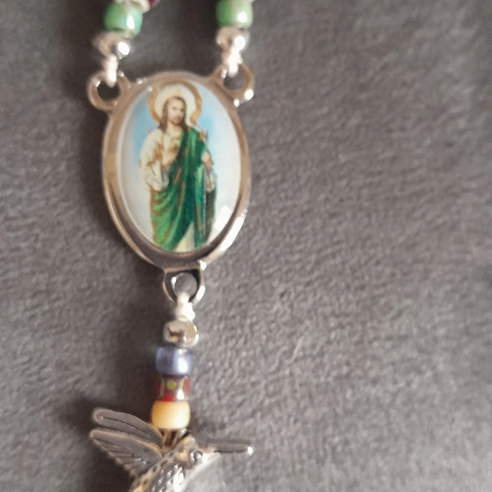 Hummingbird With Woodland Red Green All Beaded Jesus Rosary Catholic Religious - Picture 6 of 7
